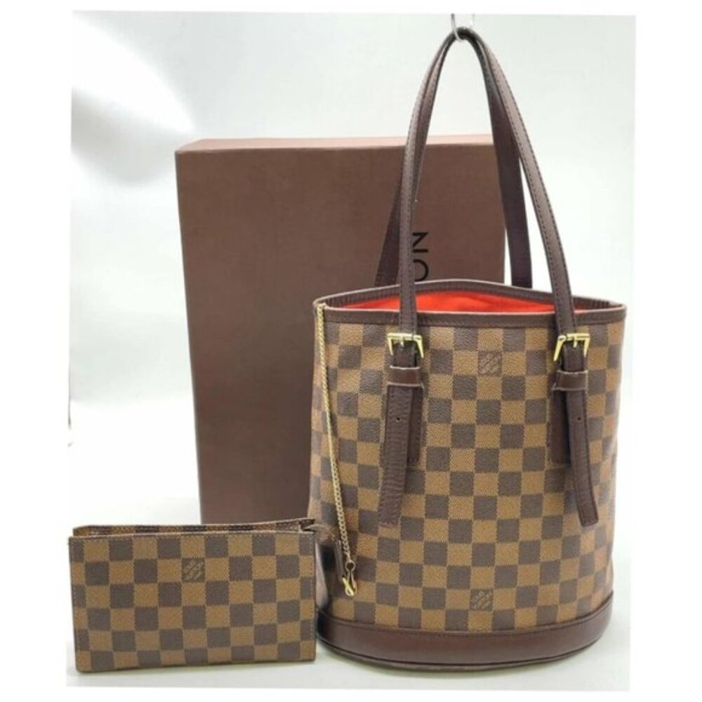 Authentic Louis Vuitton Marais Damier Ebene Bucket Tote Bag with Pochette
